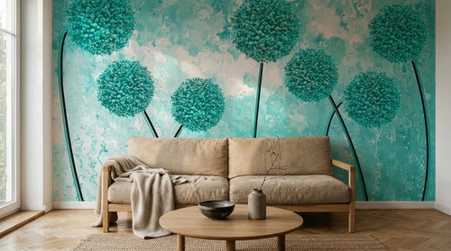 Design SL0350 — Papier peint Pissenlits turquoise fond grunge — Novomur