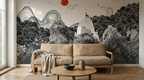 Design SL0359 — Papier peint Paysage encre cerf soleil rouge — Novomur