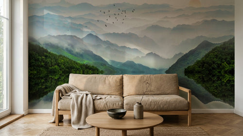 Design SL0364 — Papier peint Vallee chinoise brumeuse lac barques — Novomur