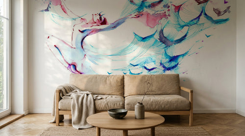 Design SL0368 — Papier peint Cygne bleu rose papillons abstrait — Novomur