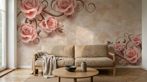 Design SL0371 — Papier peint Roses pales arabesques fond beige damasse — Novomur
