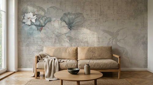 Design SL0385 — Papier peint Coquelicots cerf vintage fond beige texte — Novomur
