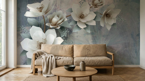 Design SL0487 — Papier peint Magnolias blancs 3D fond gris bleu — Novomur