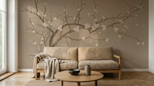 Design SL0493 — Papier peint Cerisier blanc fond beige dore chinoiserie — Novomur