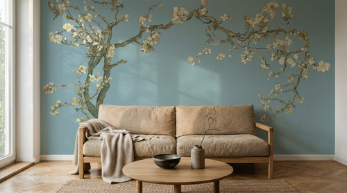 Design SL0498 — Papier peint Amandier fleurs blanches Van Gogh fond bleu — Novomur