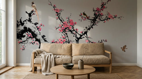 Design SL0501 — Papier peint Prunier rose oiseaux fond gris chinoiserie — Novomur