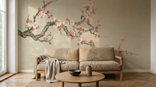 Design SL0503 — Papier peint Prunier rose pale fond beige epure — Novomur