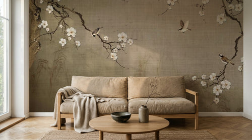 Design SL0504 — Papier peint Cerisier blanc oiseaux paysage chinois beige — Novomur