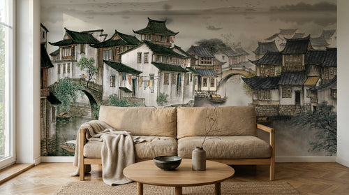Design SL0506 — Papier peint Village chinois lac maisons toits noirs — Novomur