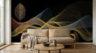 Design SL0586 — Papier peint Vagues pointillees dorees fond noir feuilles — Novomur