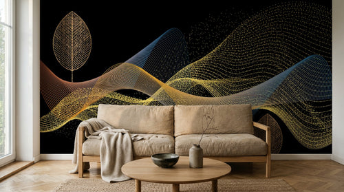 Design SL0586 — Papier peint Vagues pointillees dorees fond noir feuilles — Novomur