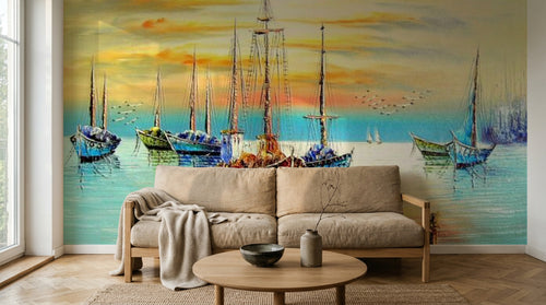 Design SL0622 — Papier peint Voiliers mer coucher soleil peinture — Novomur