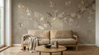 Design SL0660 — Papier peint Cerisier blanc oiseaux fond beige montagnes — Novomur