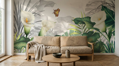 Design SL0662 — Papier peint Calla blanches feuillage tropical papillons — Novomur