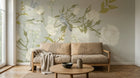 Design SL0663 — Papier peint Roses blanches branches oiseaux gris vert — Novomur