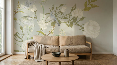 Design SL0663 — Papier peint Roses blanches branches oiseaux gris vert — Novomur