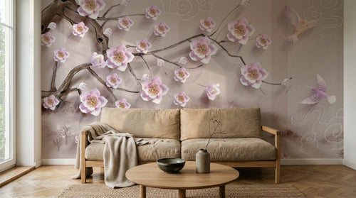 Design SL0672 — Papier peint Cerisier rose oiseaux dores relief beige — Novomur
