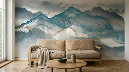 Design SL0715 — Papier peint Montagnes encre bleu lignes dorees fluides — Novomur
