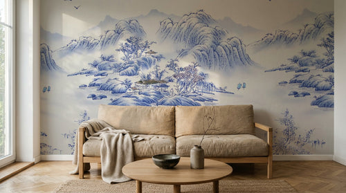 Design SL0725 — Papier peint Paysage porcelaine bleu blanc montagnes — Novomur