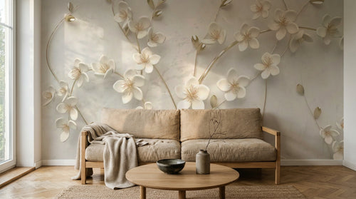 Design SL0732 — Papier peint Petites fleurs blanches relief beige luxe — Novomur