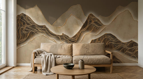 Design SL0789 — Papier peint Montagnes lignes ondulantes dorees taupe — Novomur