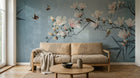Design SL0791 — Papier peint Magnolias roses oiseaux bambou bleu pastel — Novomur