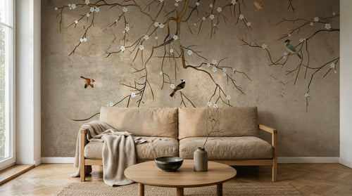 Design SL0801 — Papier peint Branches blanches oiseaux colores fond beige — Novomur
