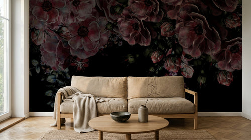 Design SL0809 — Papier peint Coquelicots rouges fond noir romantique sombre — Novomur