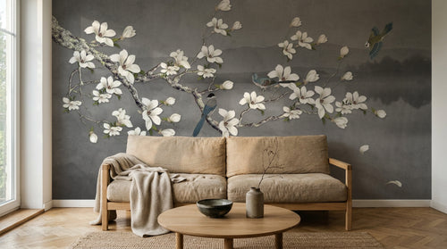 Design SL0812 — Papier peint Magnolias blancs oiseaux bleus fond gris fonce — Novomur