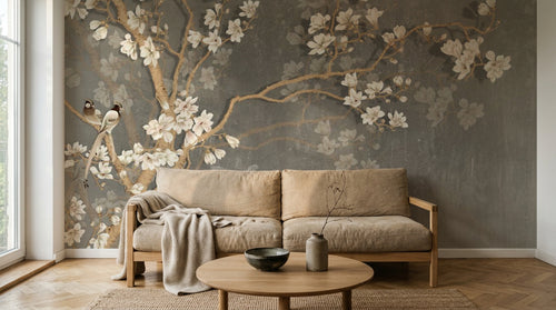 Design SL0820 — Papier peint Magnolia blanc oiseaux fond beton (variante SK0283) — Novomur