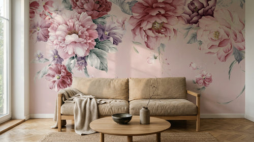 Design SL0838 — Papier peint Pivoines pourpres roses fond rose — Novomur