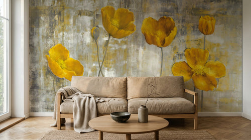 Design ZX0079 — Papier peint Coquelicots jaunes huile fond gris grunge — Novomur