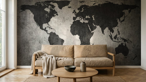 Design ZX0129 — Papier peint Carte monde noire fond grunge gris — Novomur