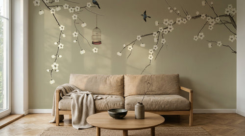 Design ZX0198 — Papier peint Branches fleuries oiseaux cage chinoiserie — Novomur