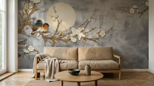 Design ZX0250 — Papier peint Branches dorees fleurs blanches lune chinois — Novomur
