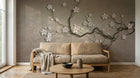 Design ZX0251 — Papier peint Branche fleurs blanches relief beige — Novomur