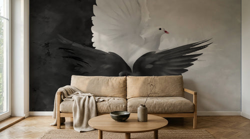 Design ZX0330 — Papier peint Colombes blanche noire dramatique vol — Novomur