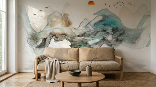 Design ZX0344 — Papier peint Paysage abstrait montagnes soleil barque — Novomur