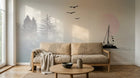 Design ZX0418 — Papier peint Voilier lac sapins coucher soleil pastel — Novomur