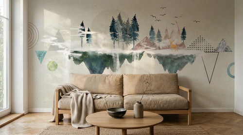 Design ZX0468 — Papier peint Paysage flottant triangles sapins cerf — Novomur