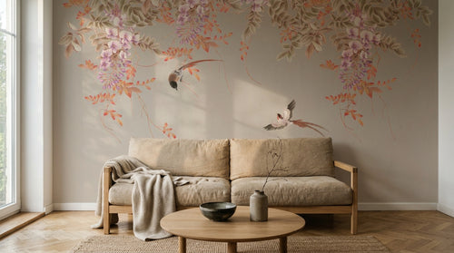 Design ZX0471 — Papier peint Glycine cascade rose oiseaux beige — Novomur