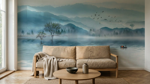 Design ZX0481 — Papier peint Paysage encre bleue lac arbres brumeux — Novomur
