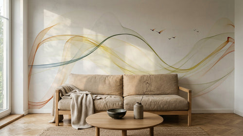 Design ZX0489 — Papier peint Vagues fluides multicolores oiseaux marbre — Novomur