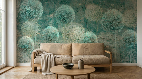 Design ZX0498 — Papier peint Pissenlits turquoise grunge texture — Novomur