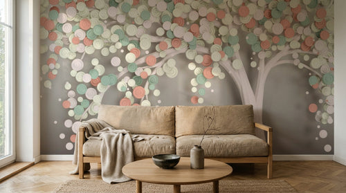 Design ZX0509 — Papier peint Arbre petites fleurs roses 3D fond gris — Novomur