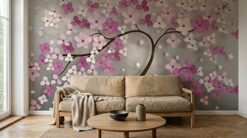 Design ZX0510 — Papier peint Fleurs roses violettes 3D arbre luxe — Novomur