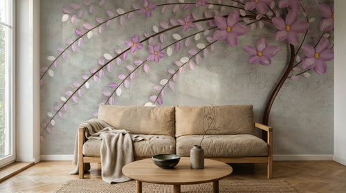 Design ZX0511 — Papier peint Branche fleurs violettes 3D fond beige — Novomur
