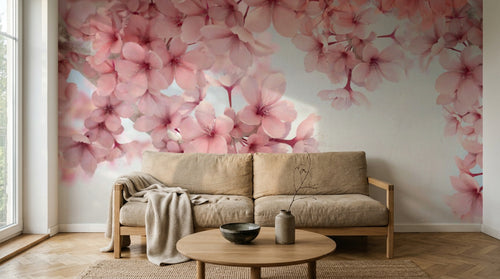 Design ZX0547 — Papier peint Cerisier rose dense fond bleu chinoiserie — Novomur