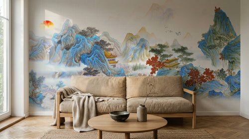 Design ZX0551 — Papier peint Paysage chinois pagode montagnes karstiques — Novomur