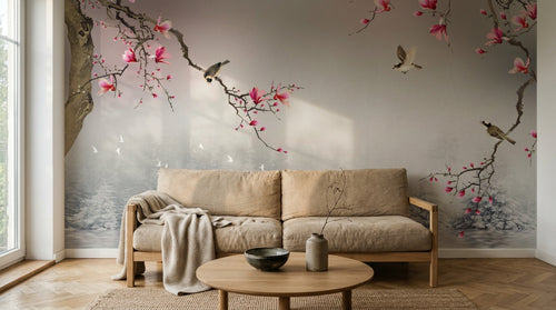 Design ZX0560 — Papier peint Magnolia oiseaux foret lac chinois — Novomur